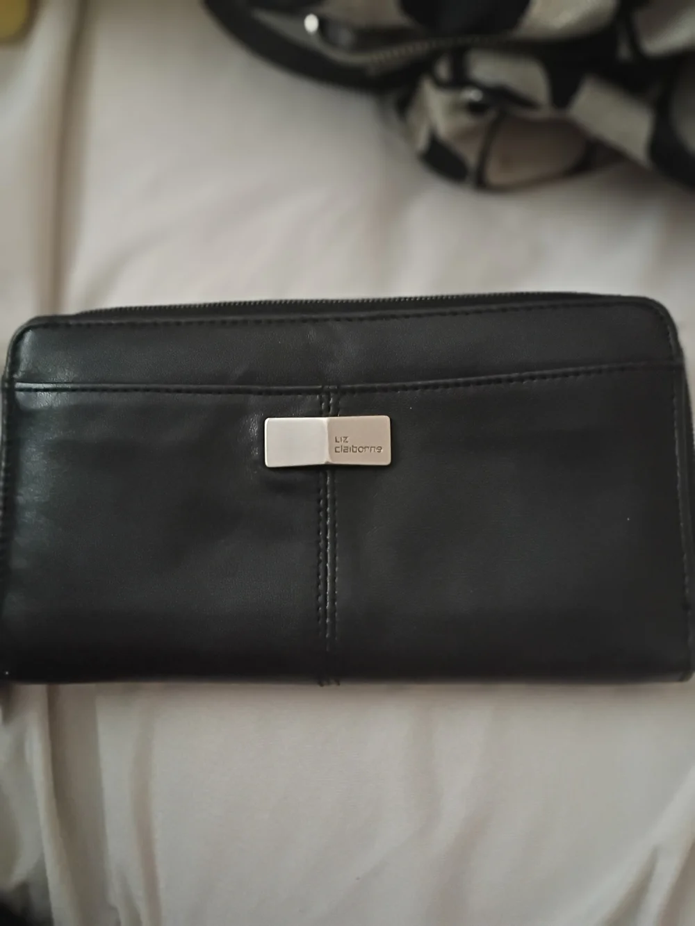 Liz Claiborne Black Leather Zip-Around Wallet with Silver Logo Plate
